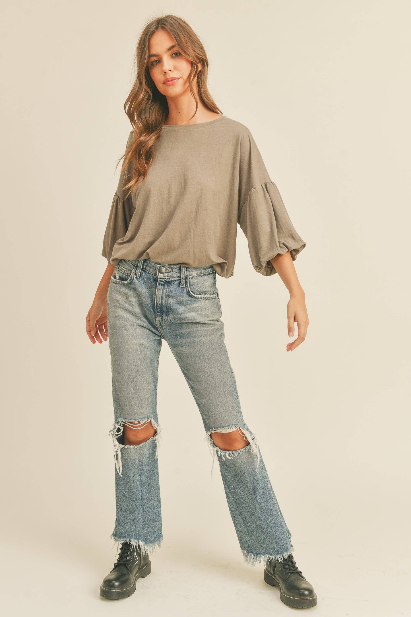 MMT1059 BUBBLE SLEEVE RAYON TOP: M / STONE $48.00