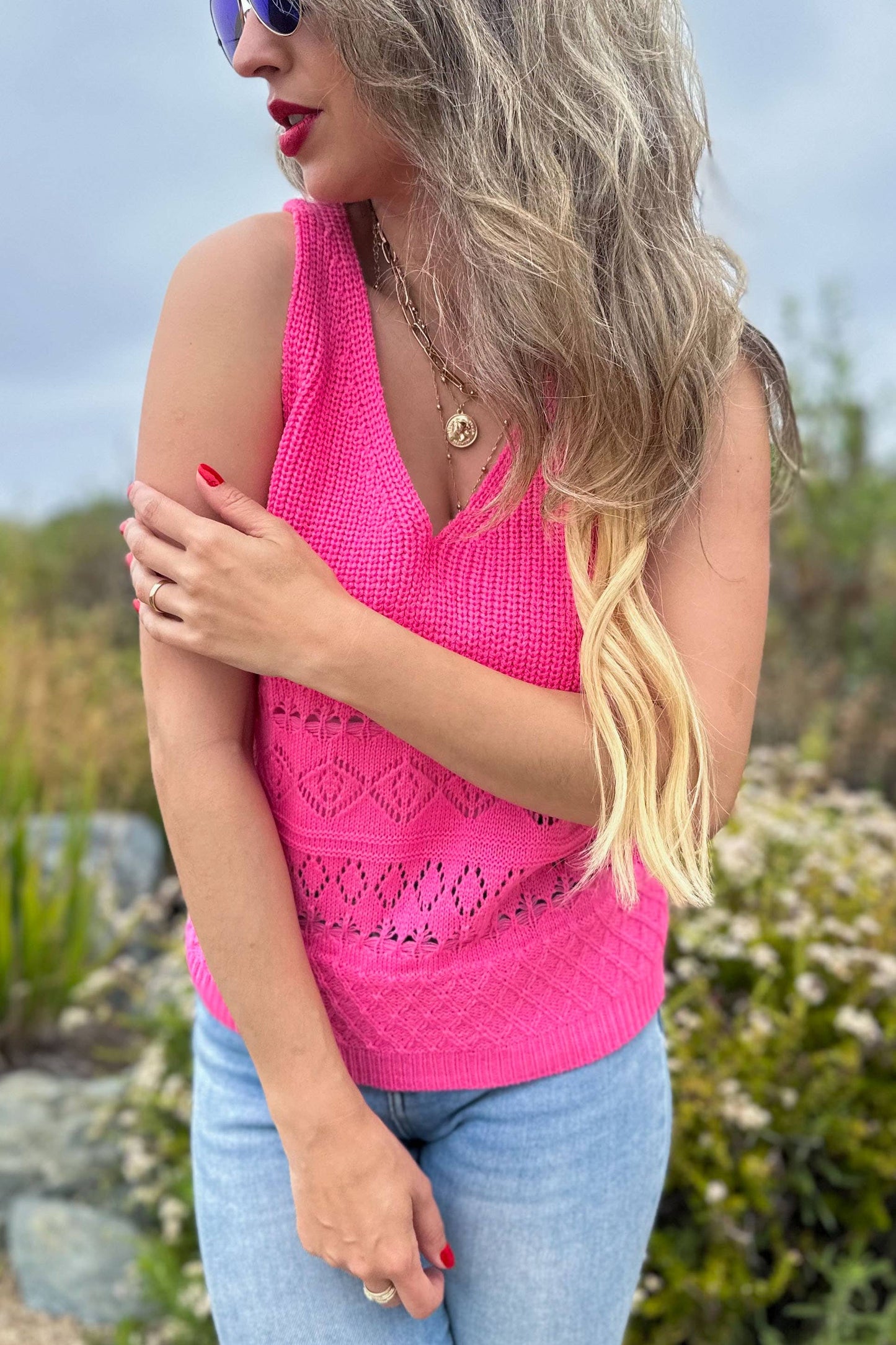 AMOLI - Neon Pink Textured Knit V Neck Sweater Tank Top: S/M / Neon Pink $45