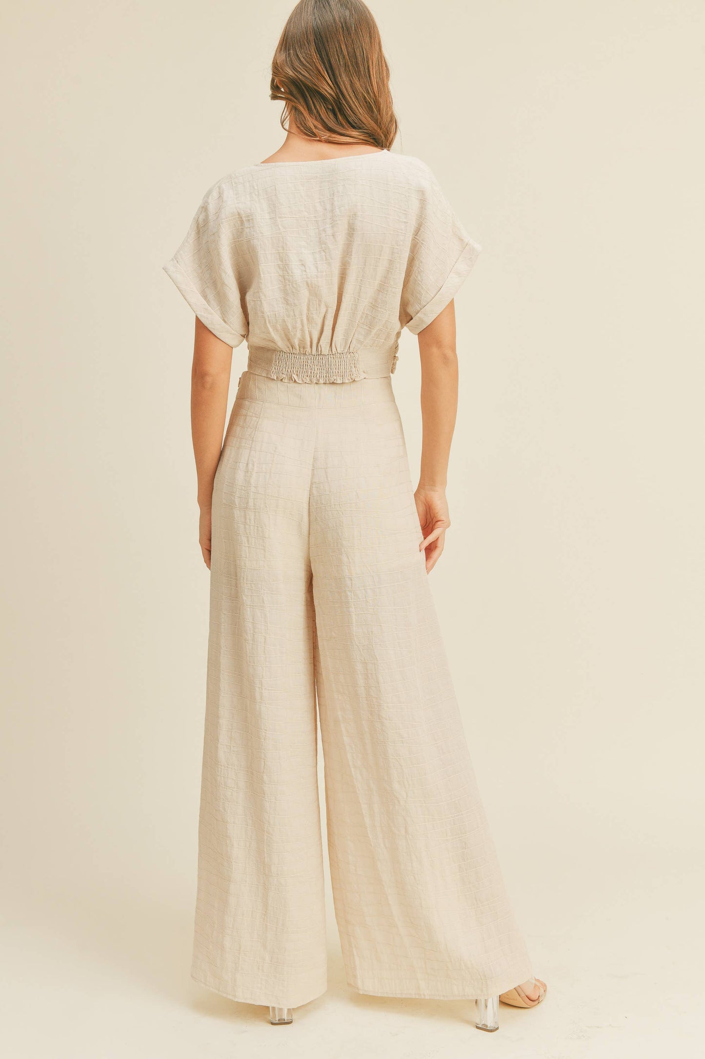 P1266 TEXTURED LINEN BLEND SLITED FRONT PANTS: COCOA / S $75.00