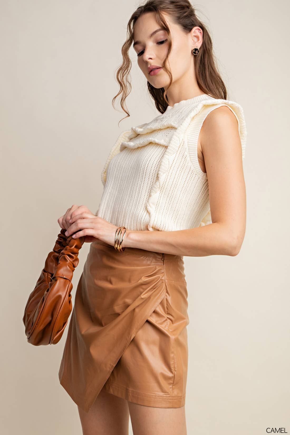 SOFT FAUX LETHER  MINI SKIRT: CAMEL / L $55.00