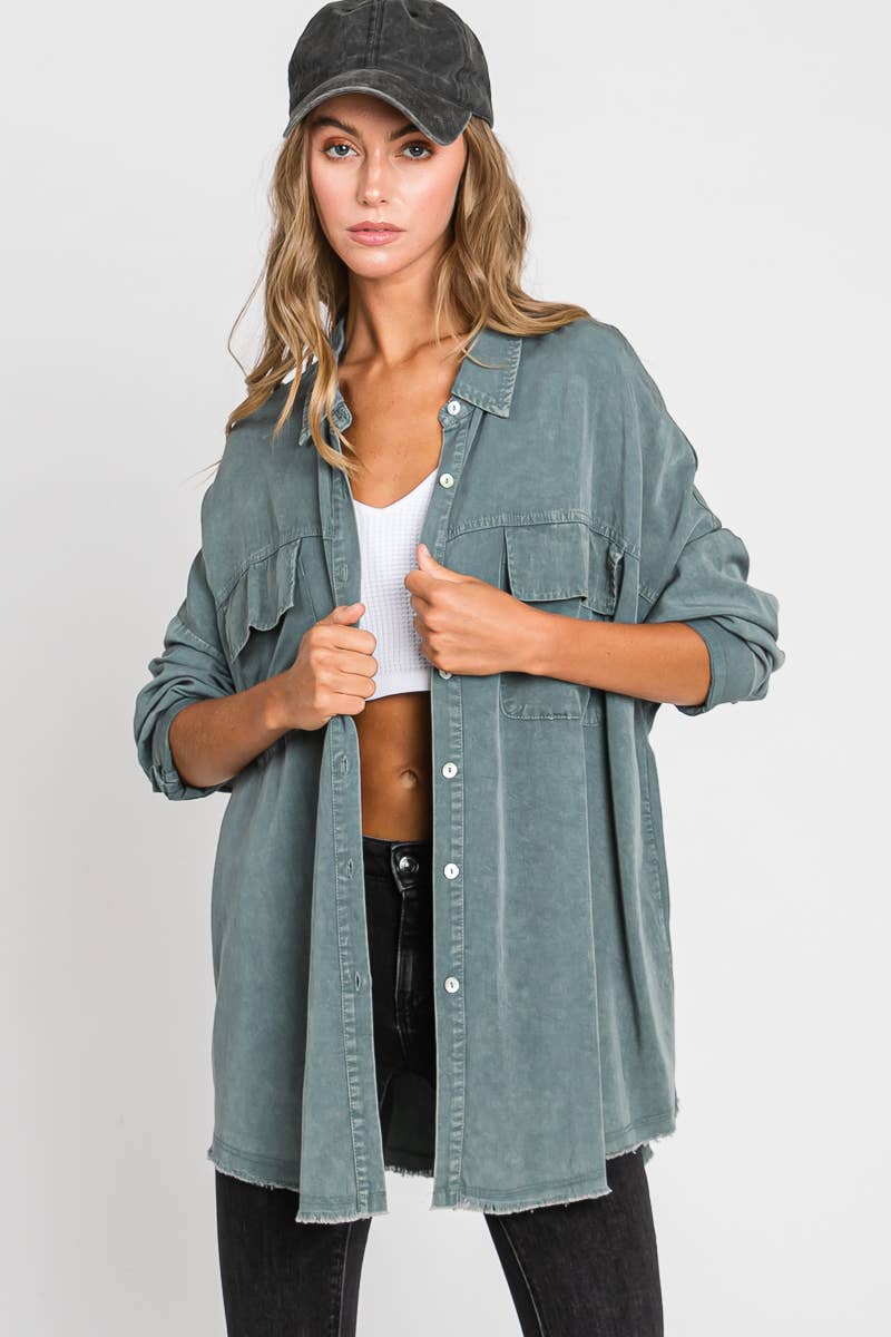 Mineral Washed Long Sleeve Shirt..: L / SAGE GREEN $46.00