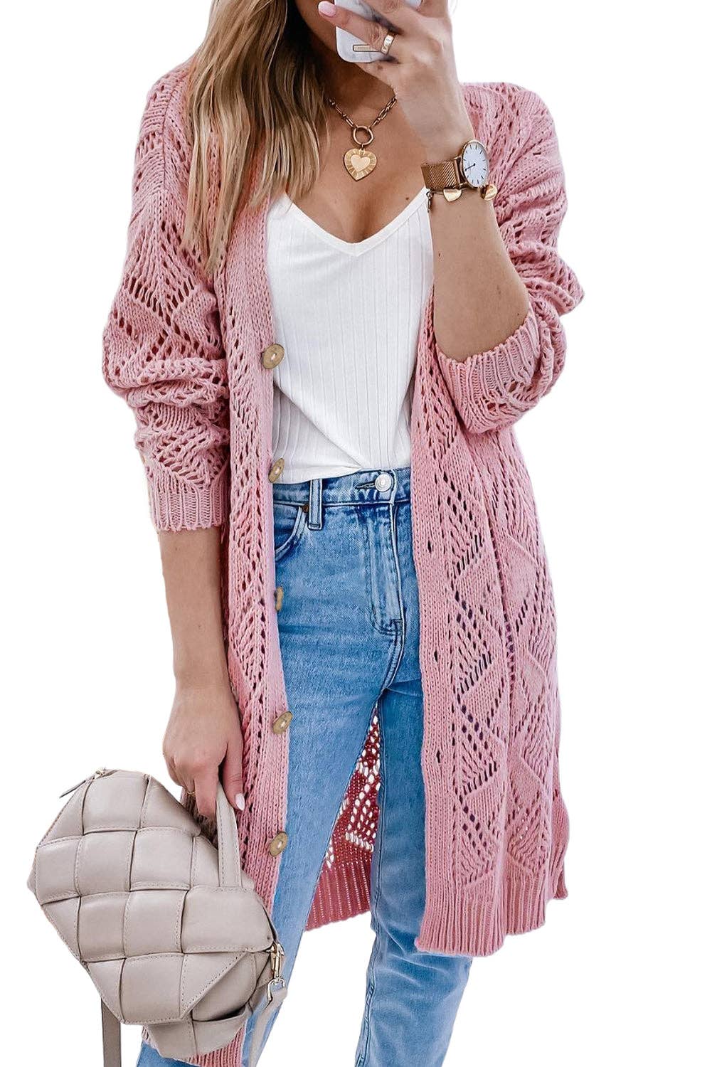 Hollow-out Openwork Knit Cardigan: L / Apricot $68.00