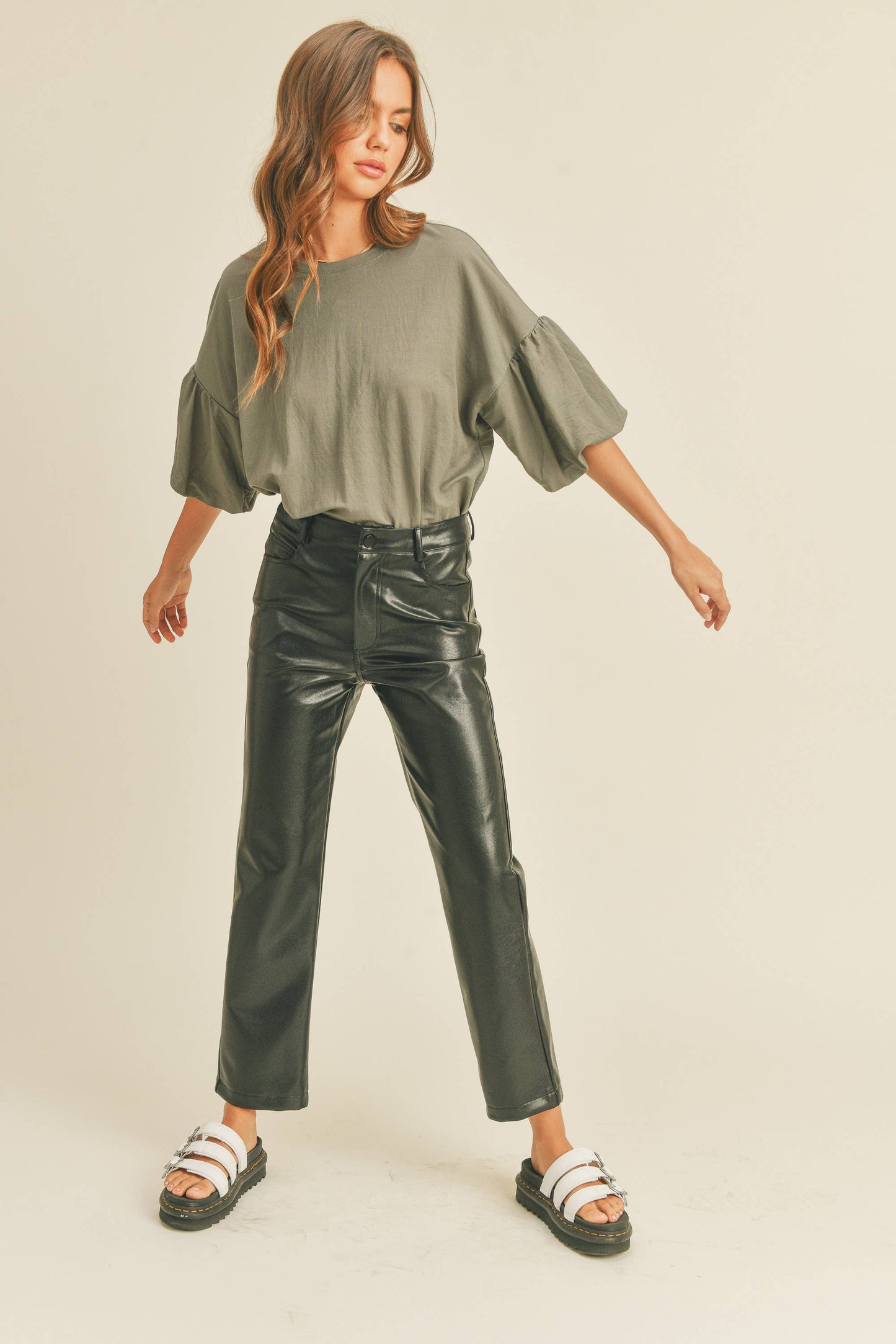 MMT1059 BUBBLE SLEEVE RAYON TOP: M / STONE $48.00