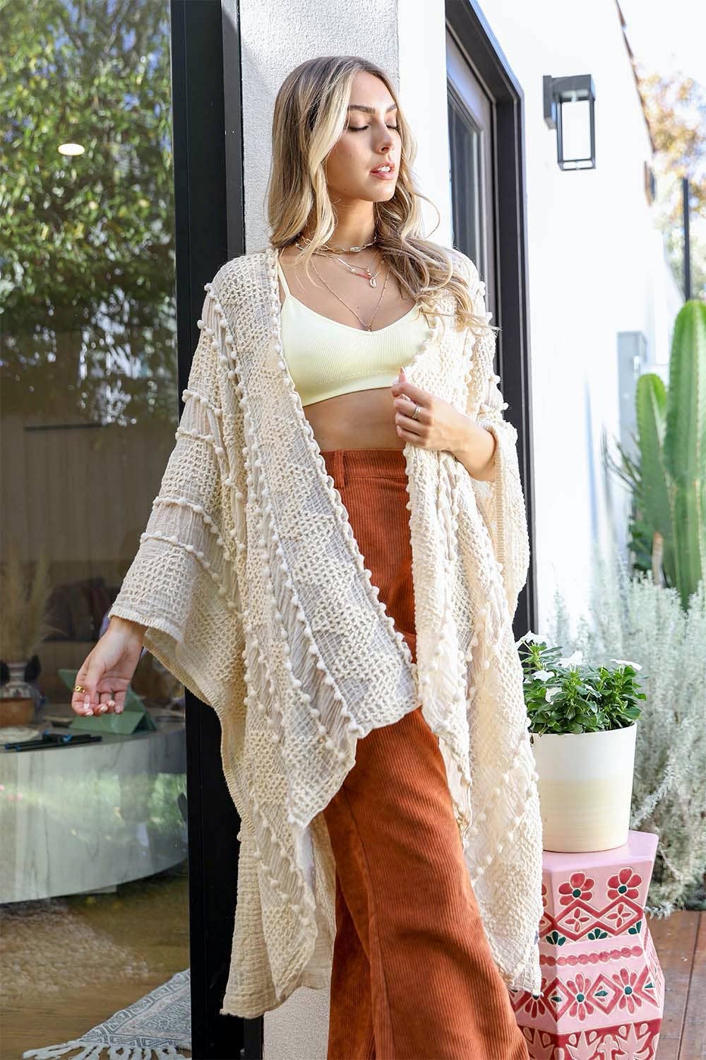 Leto Accessories - Embroidered Zig Zag Soft Kimono: Cream