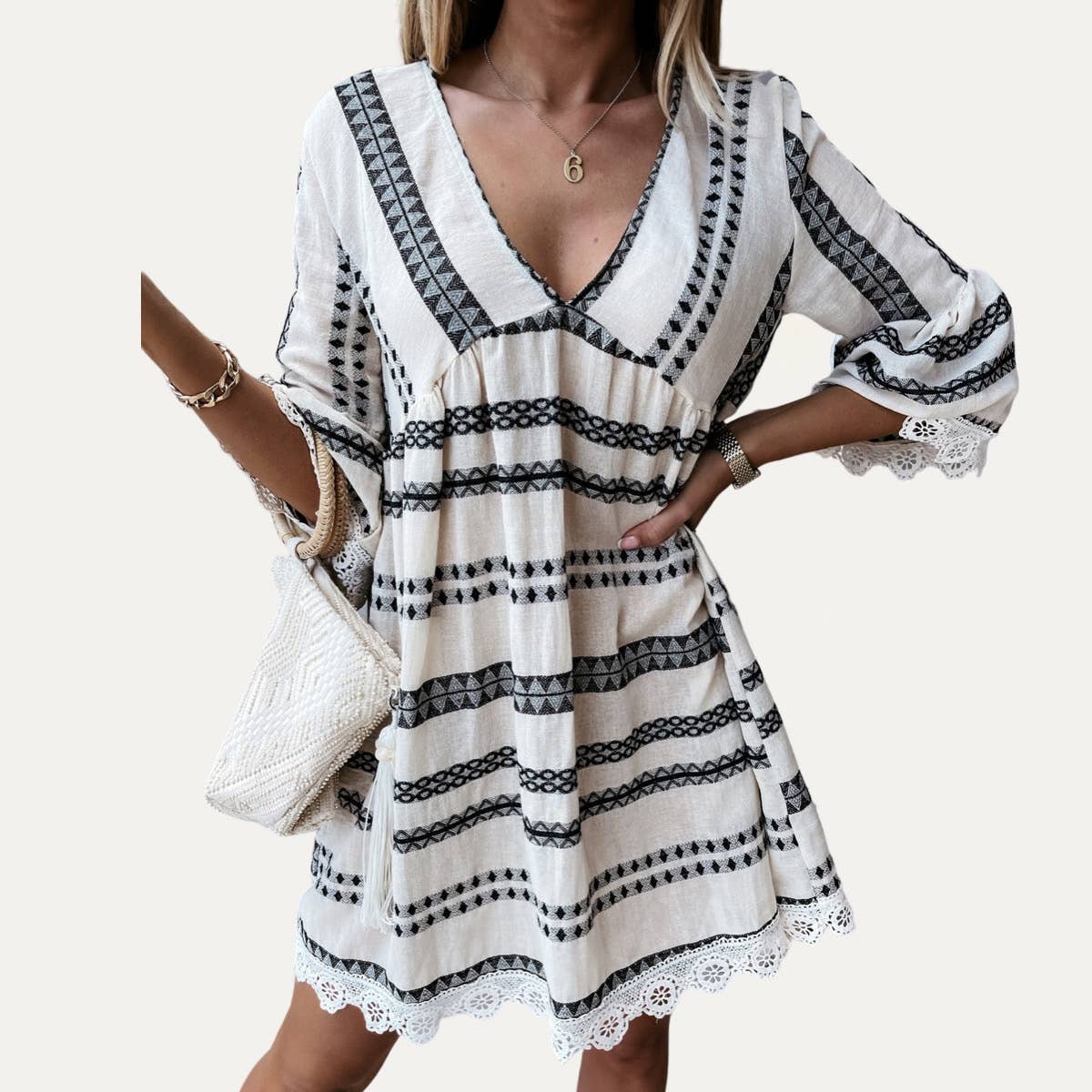 $45 The Moment Collection - Perfect Boho-Style Printed V-Neck Crochet Lace Mini Dress: COFFEE / M