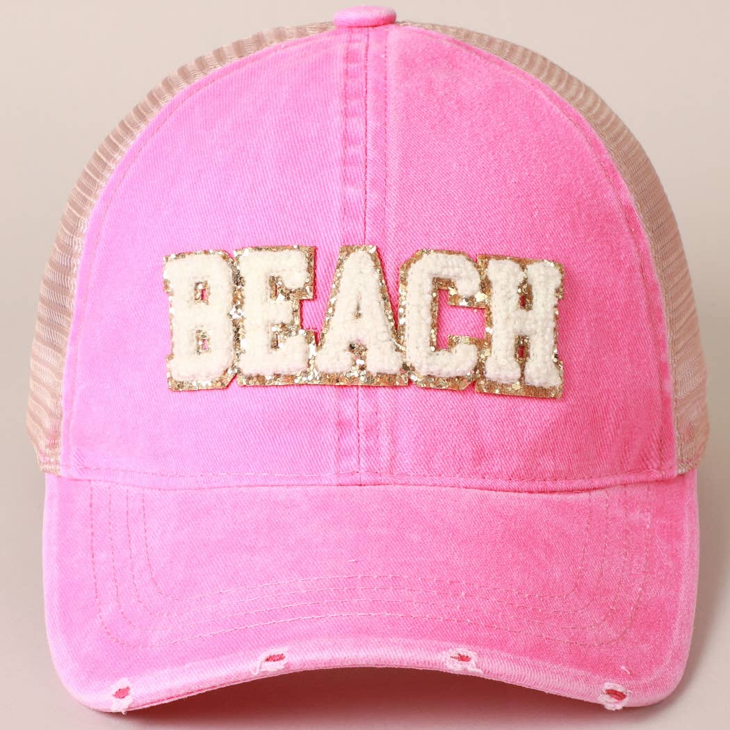 Fashion City - MINT $29BEACH Chenille Letter Patch Mesh Back Baseball Cap: One Size /