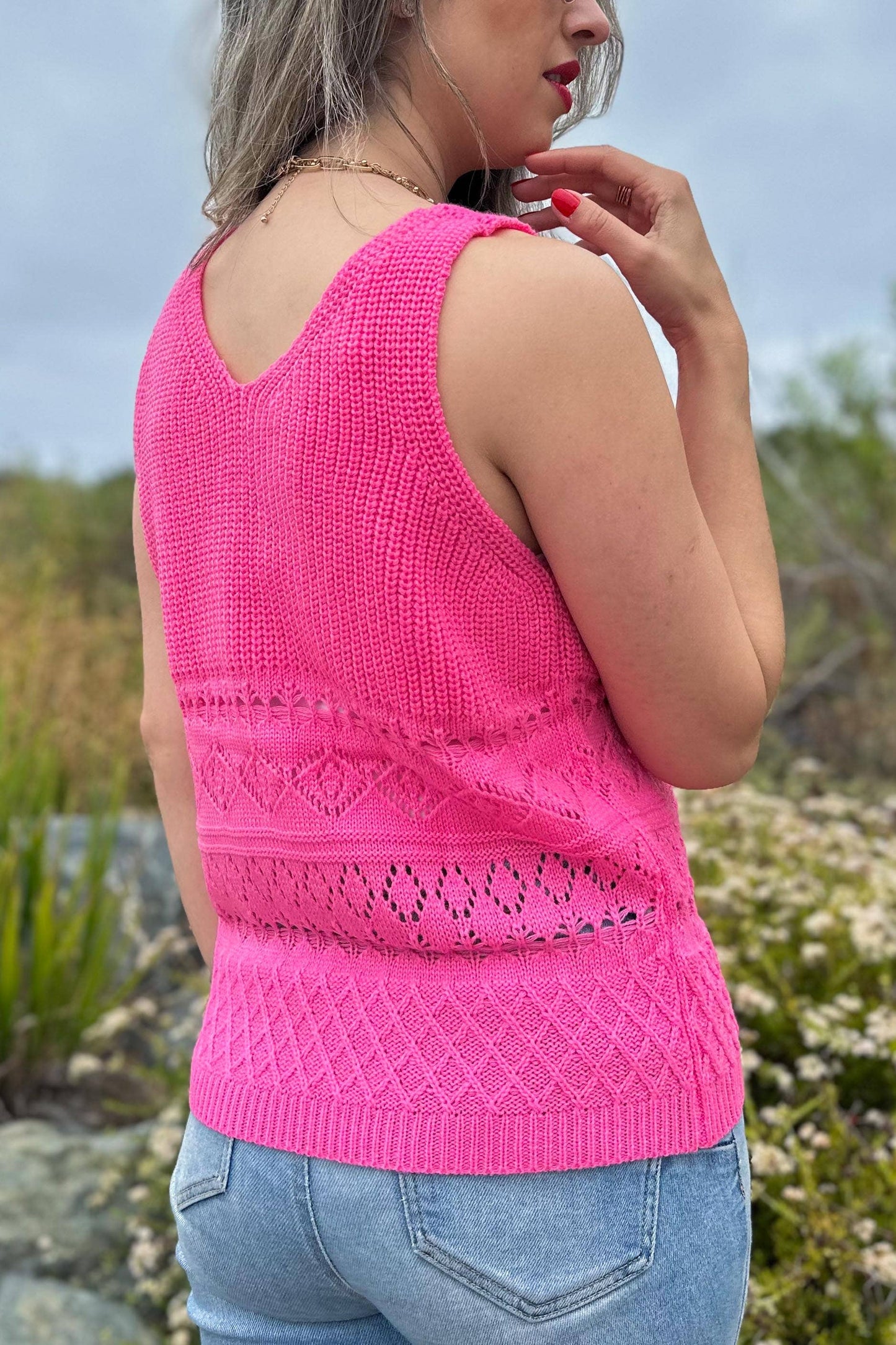 AMOLI - Neon Pink Textured Knit V Neck Sweater Tank Top: S/M / Neon Pink $45