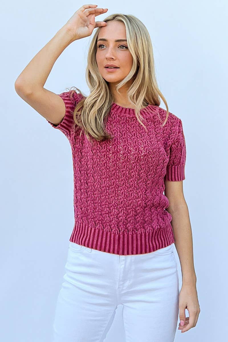 AND THE WHY - ATW15468 - small Washed Short Sleeve Light Weight Sweater: S / Fuchsia