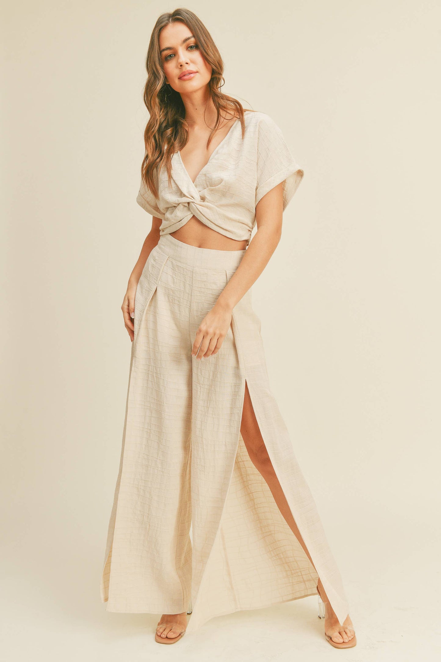 P1266 TEXTURED LINEN BLEND SLITED FRONT PANTS: COCOA / M $75.00