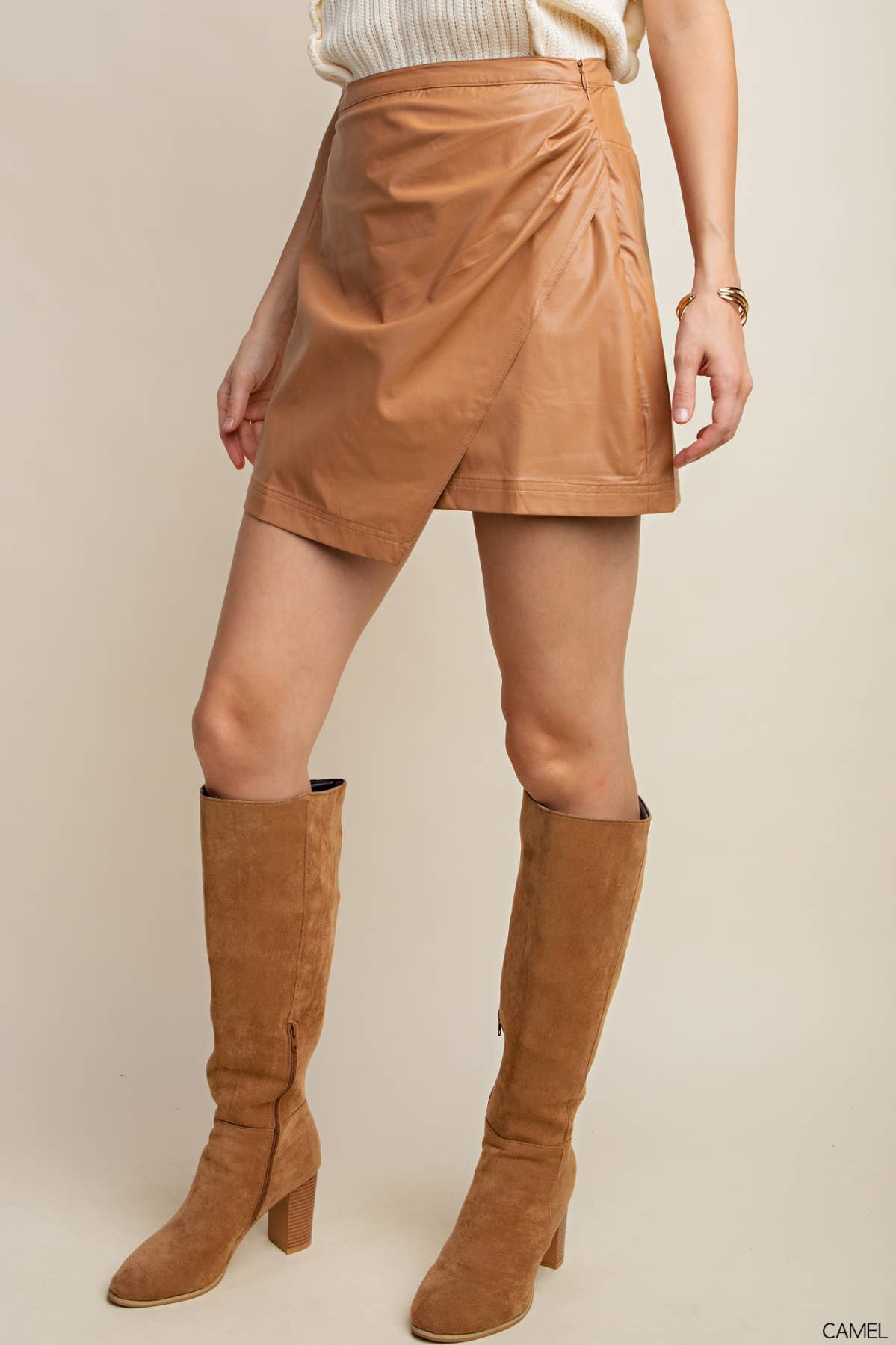 SOFT FAUX LETHER  MINI SKIRT: CAMEL / L $55.00