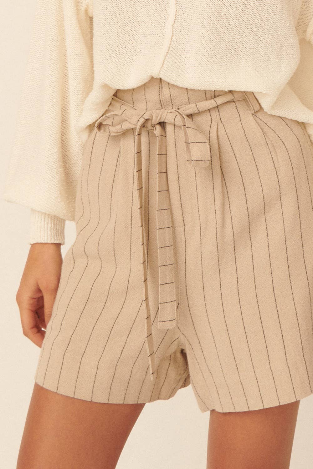 Promesa USA - Woven Belted Pinstripe Button Pocket Shorts: L / Oatmeal $49