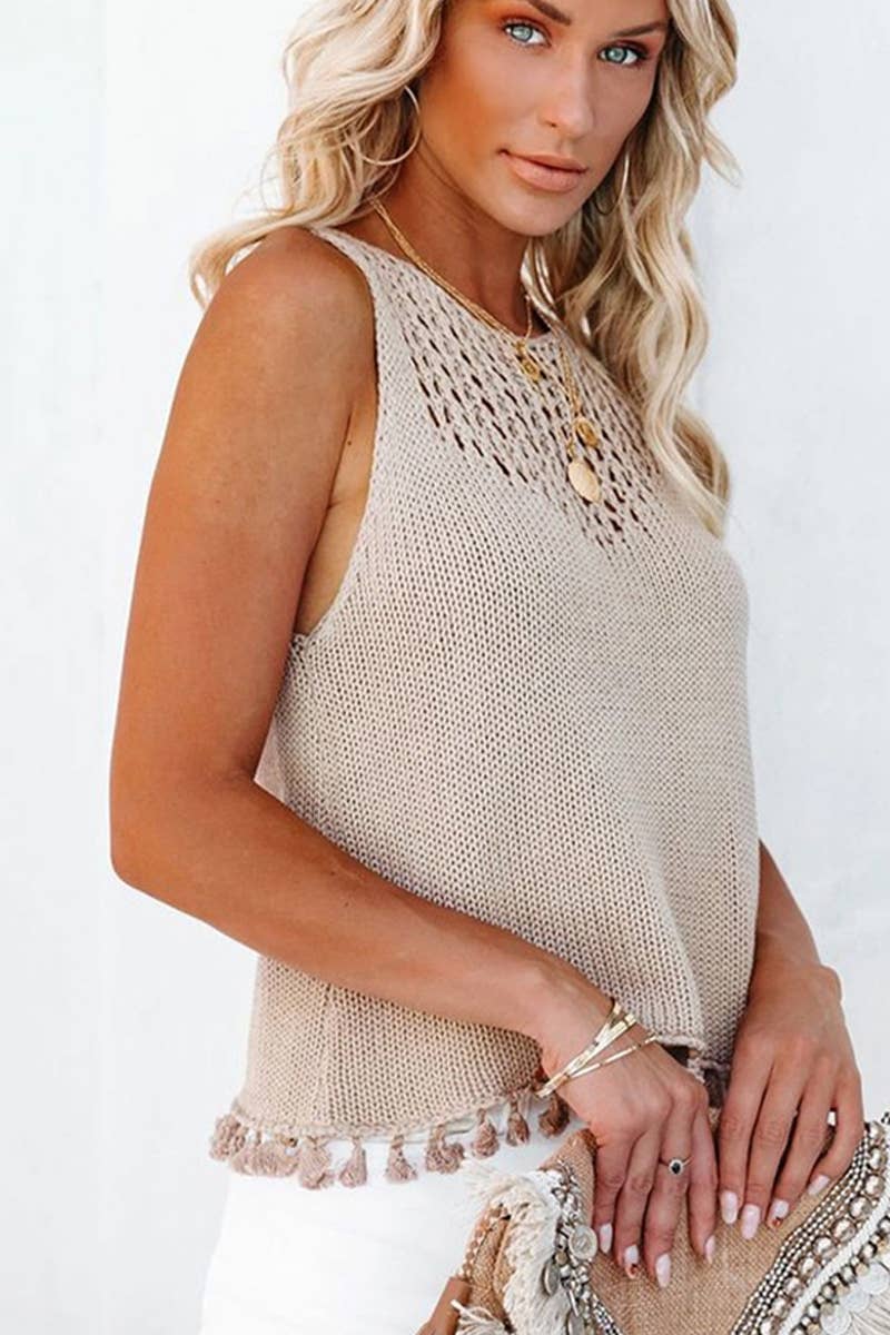 Lily Clothing L $35 - HOLLOW OUT TASSEL HEM SLEEVELESS TANK T SHIRT_CWTSTSL0011: APRICOT / (L) 1