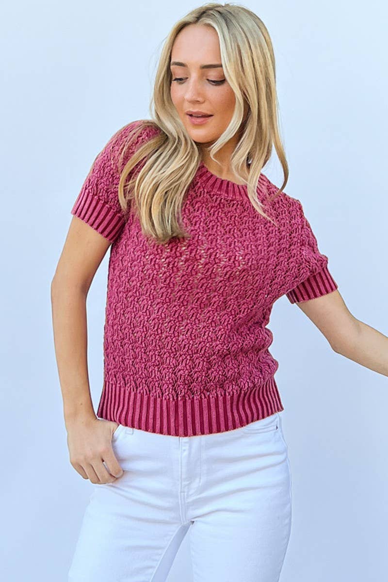 AND THE WHY - Large ATW15468 - Washed Short Sleeve Light Weight Sweater: L / Fuchsia