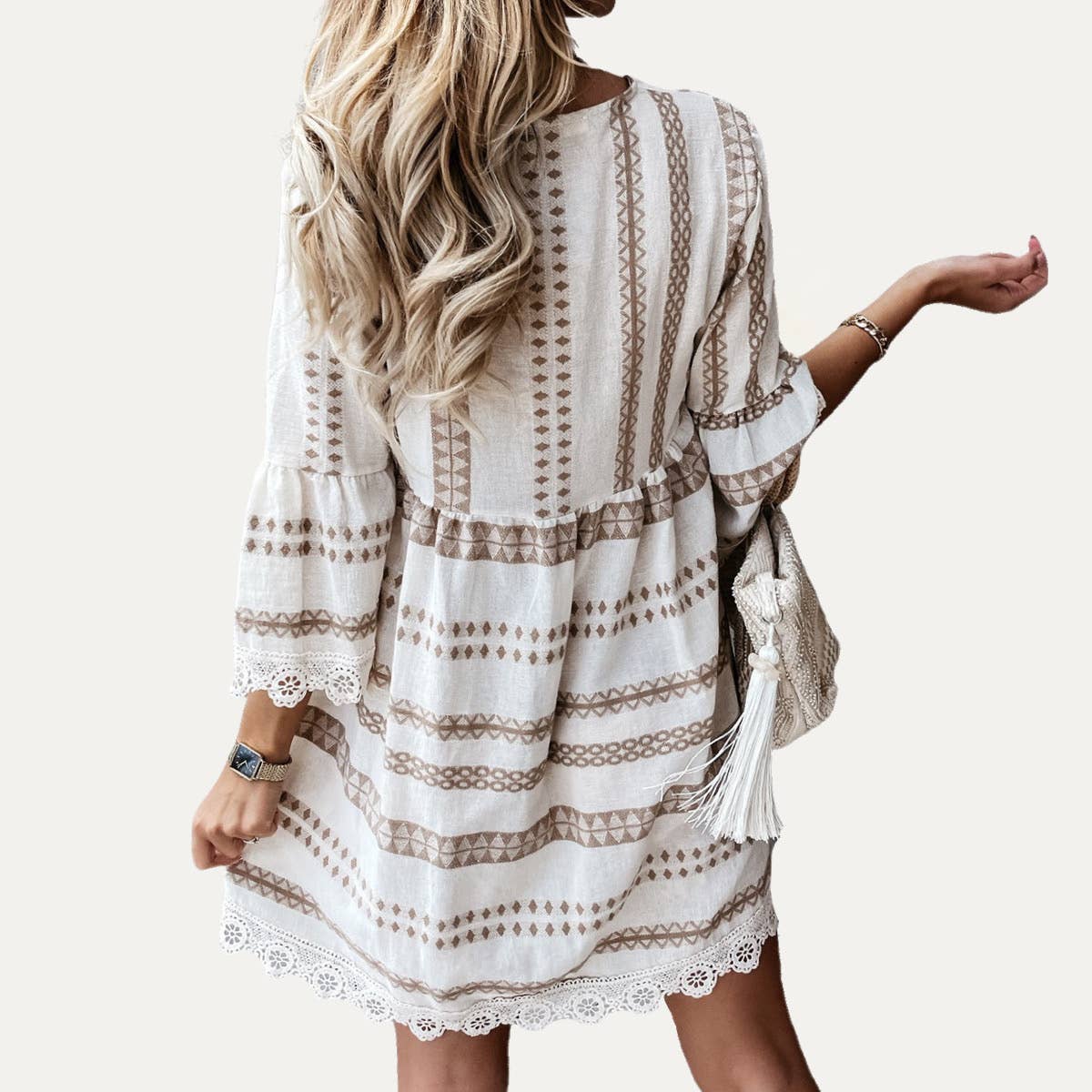 $45 The Moment Collection - Perfect Boho-Style Printed V-Neck Crochet Lace Mini Dress: COFFEE / M