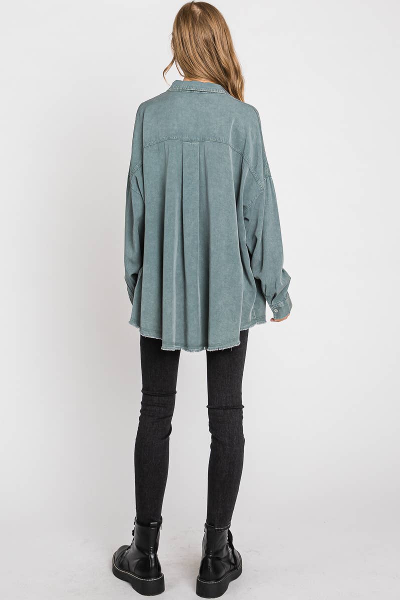 Mineral Washed Long Sleeve Shirt..: L / SAGE GREEN $46.00