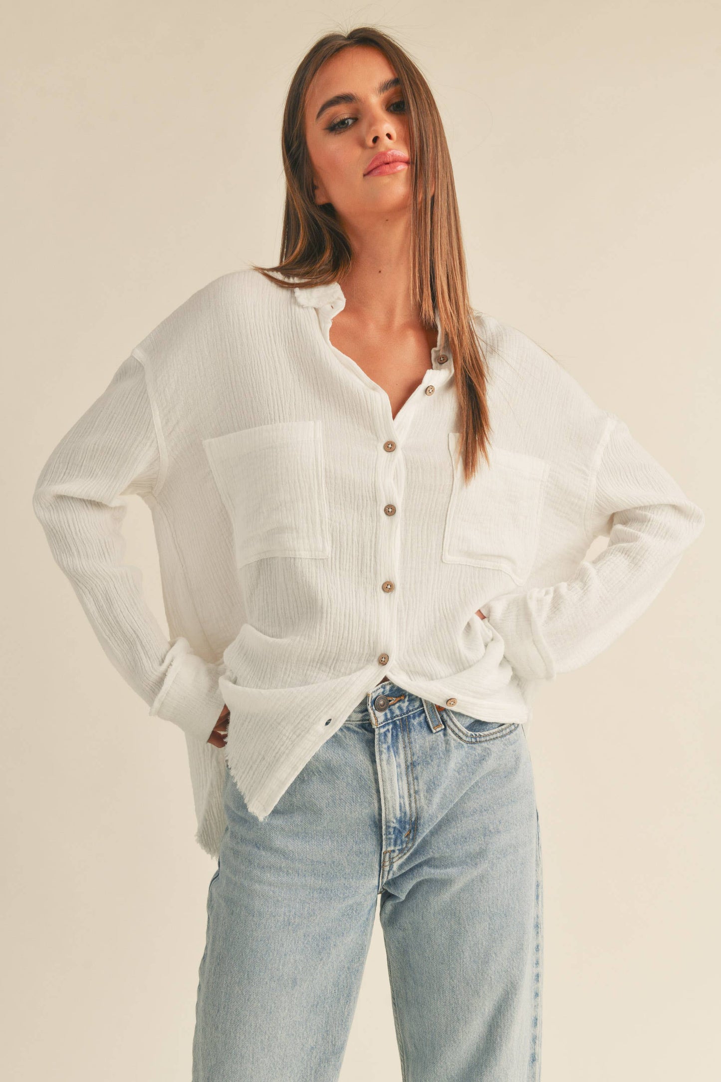 MMT320 DOULBE GAUZE BUTTON DOWN SHIRTS: S / CREAM $50.00