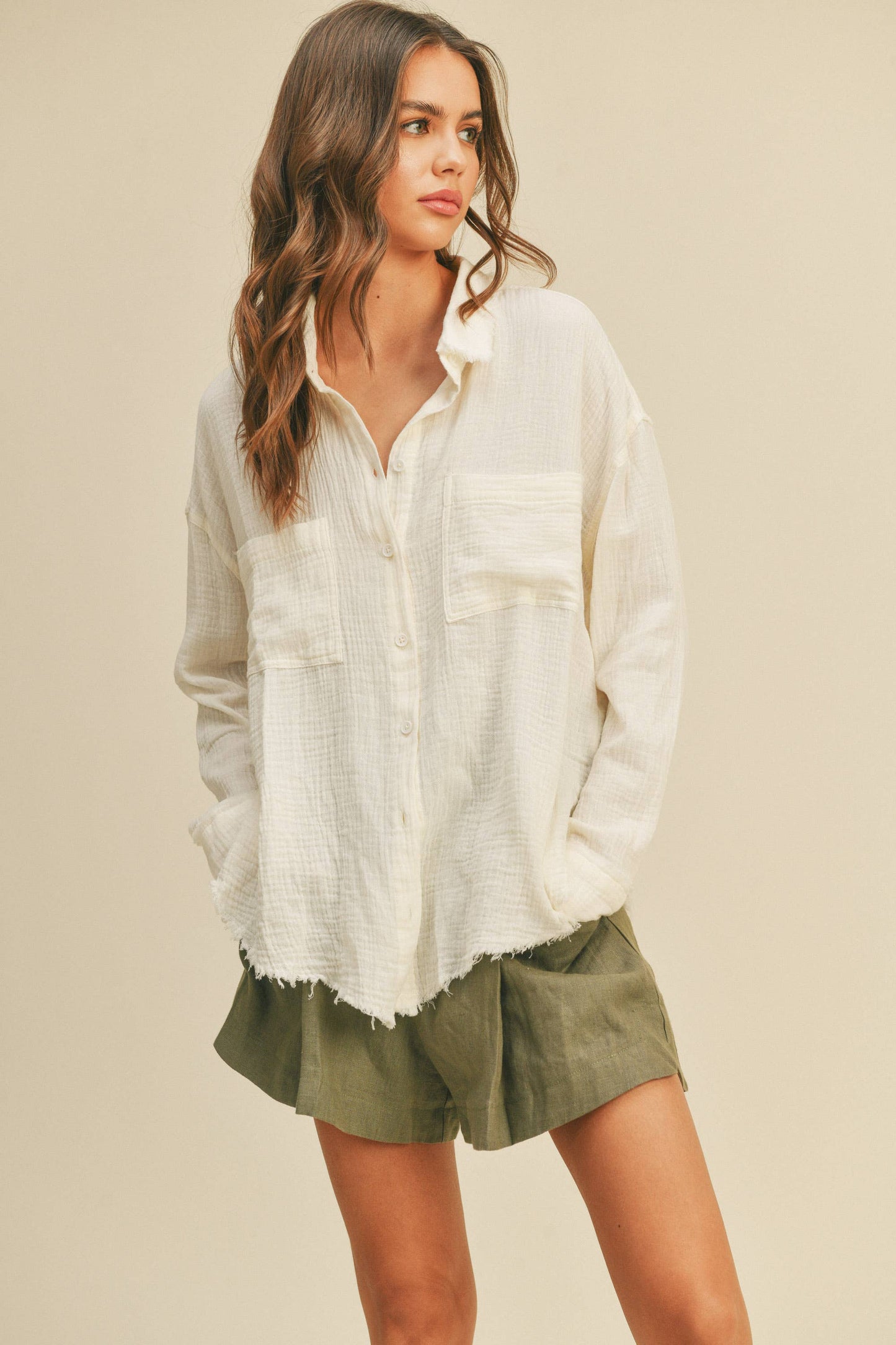 MMT320 DOULBE GAUZE BUTTON DOWN SHIRTS: M / WHITE $50.00