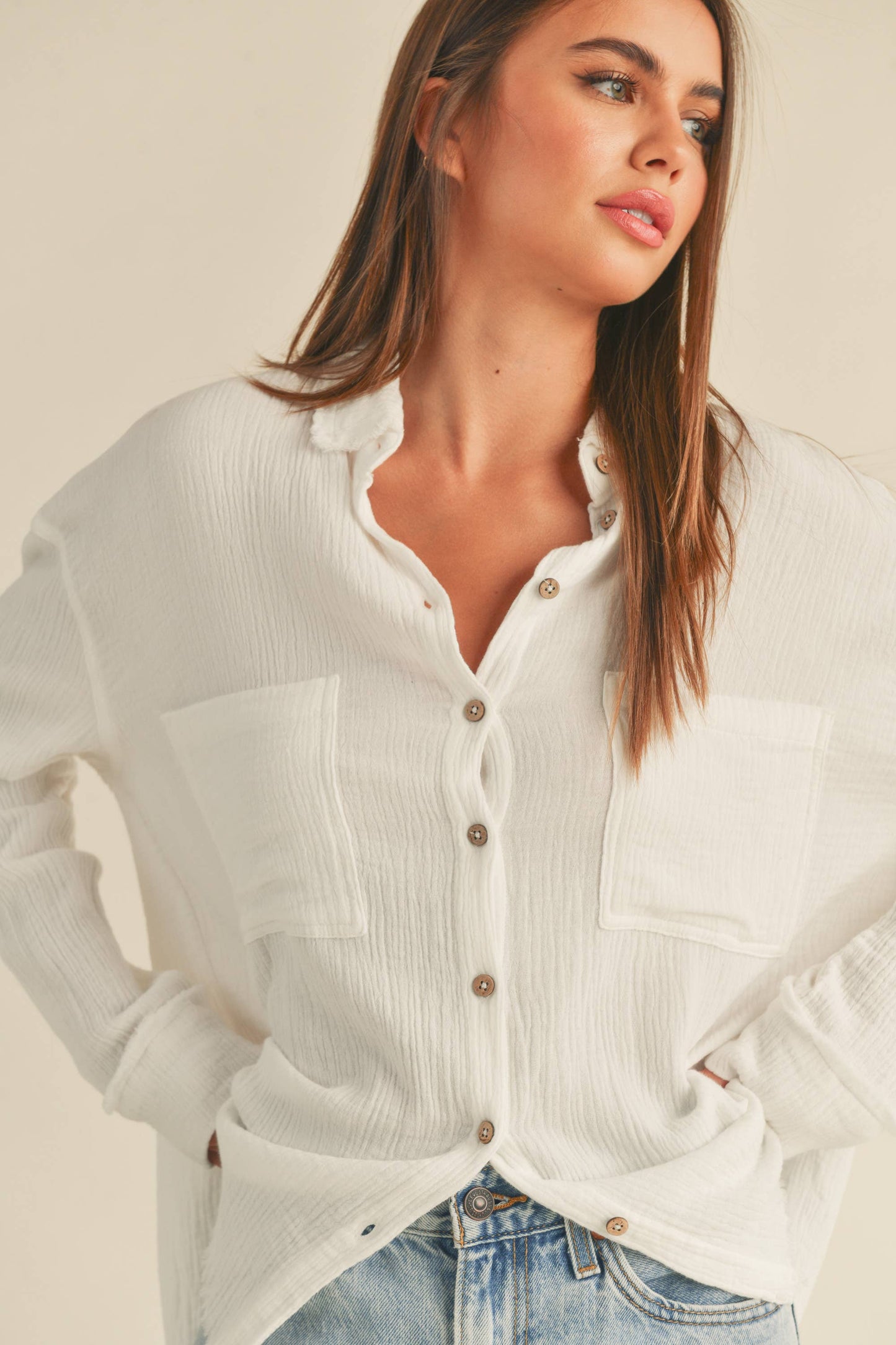 MMT320 DOULBE GAUZE BUTTON DOWN SHIRTS: M / WHITE $50.00