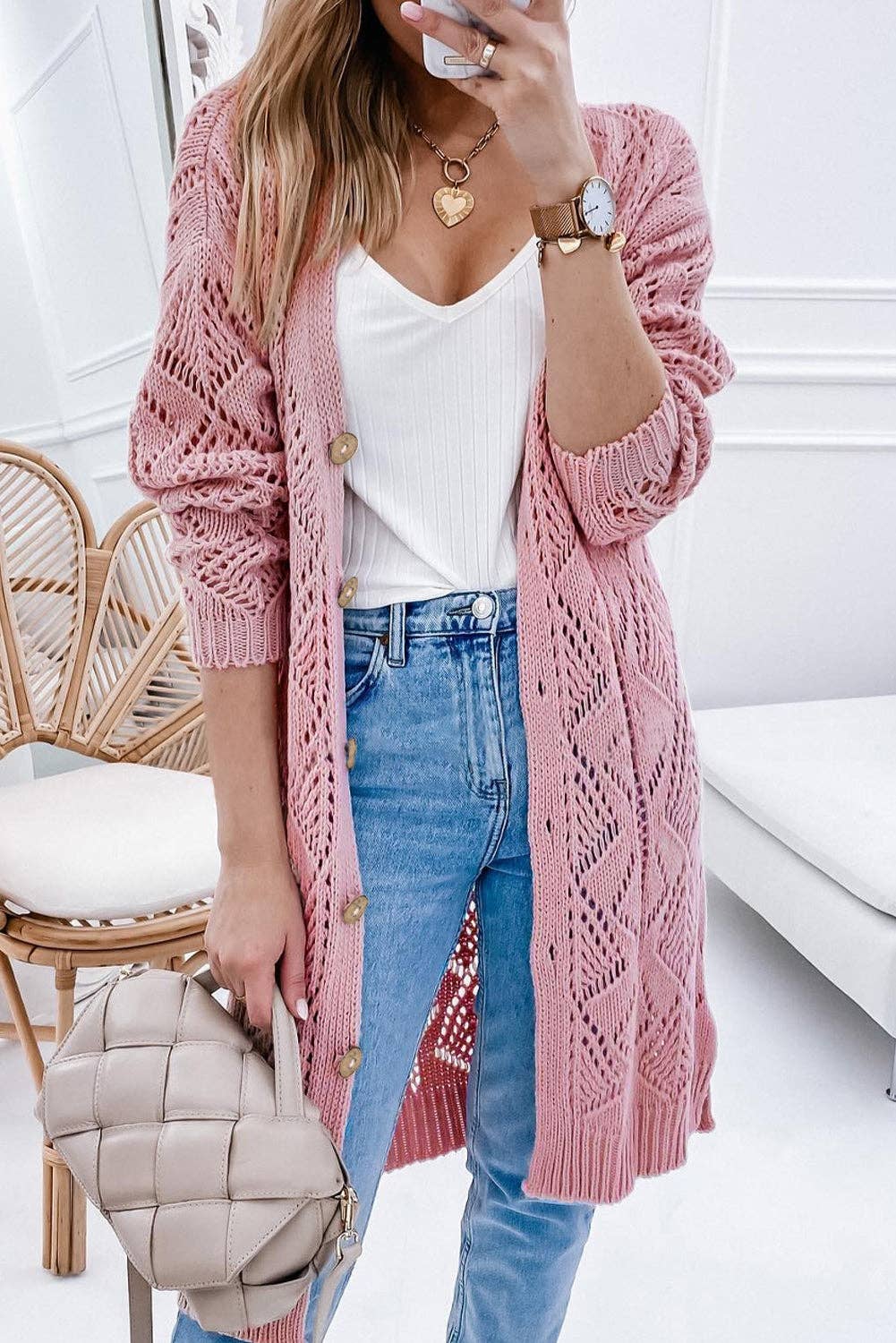 Hollow-out Openwork Knit Cardigan: L / Apricot $68.00