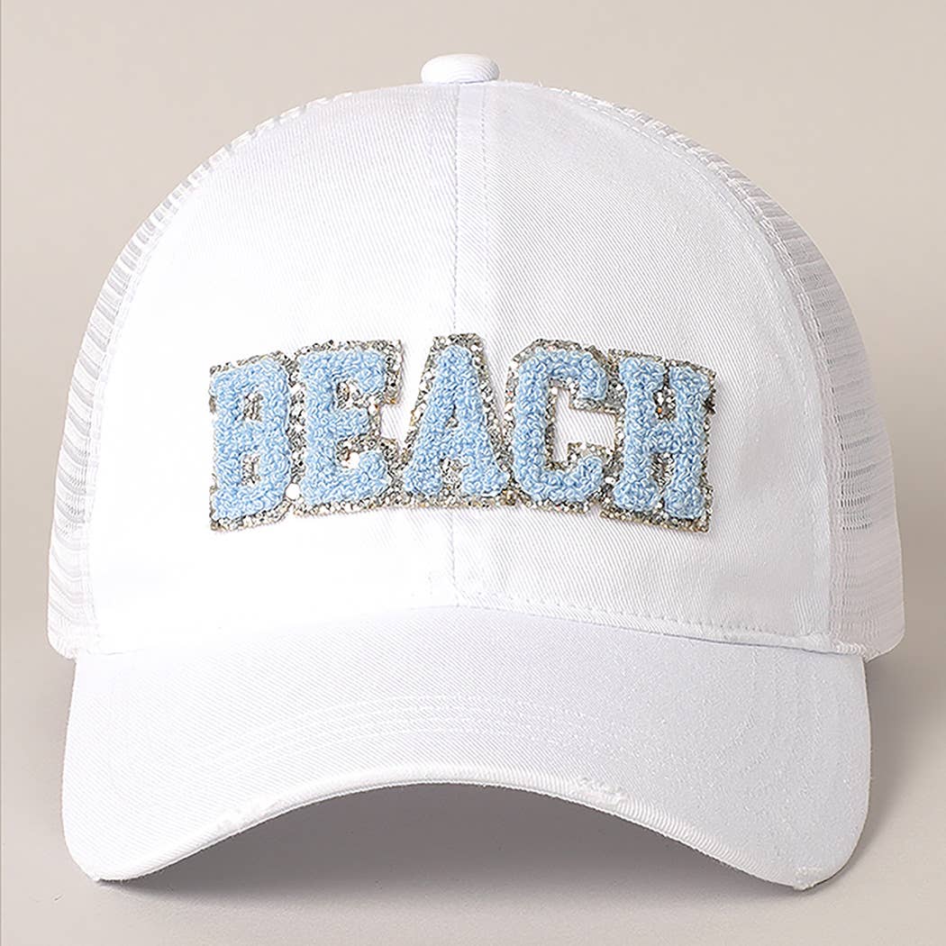 Fashion City - MINT $29BEACH Chenille Letter Patch Mesh Back Baseball Cap: One Size /