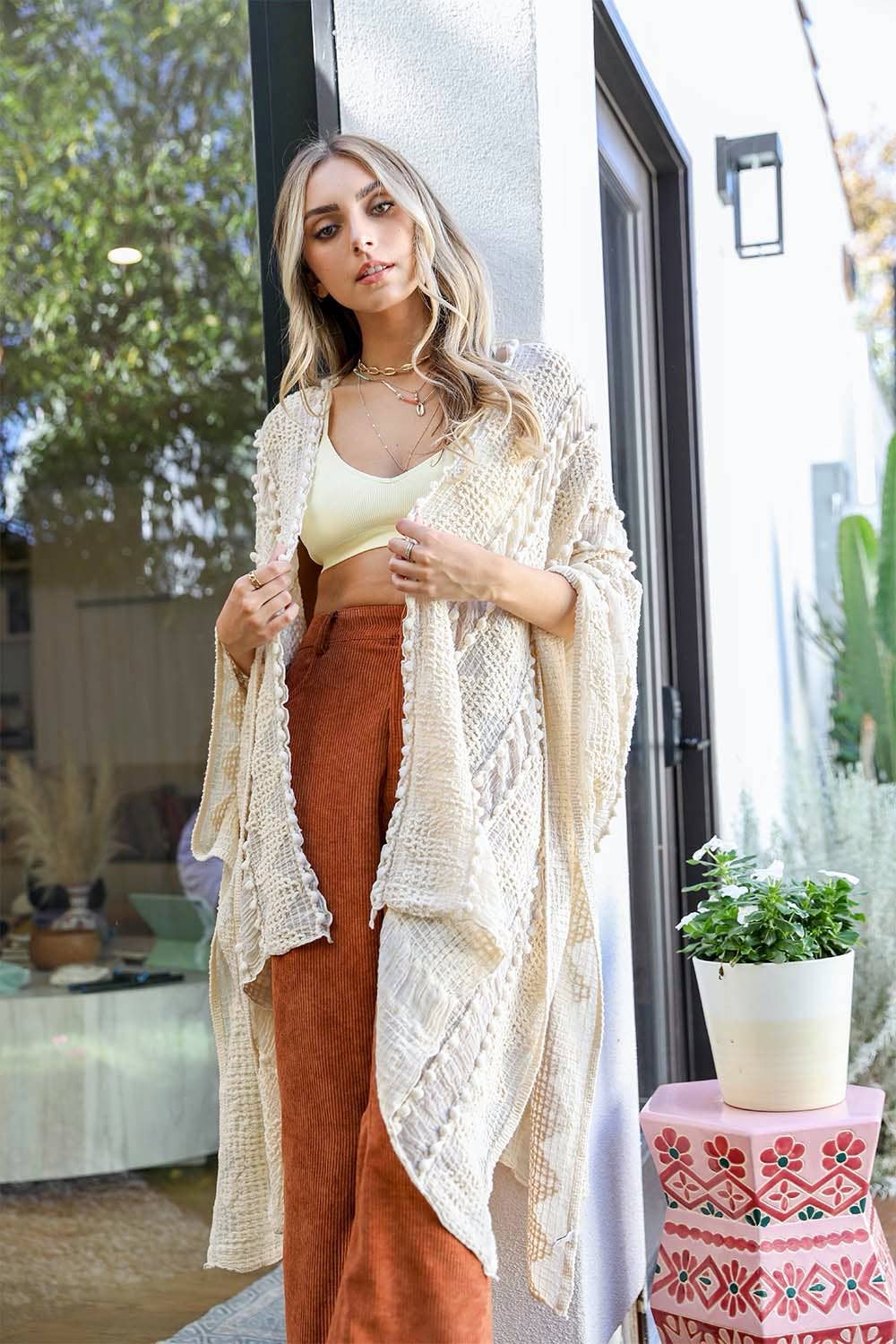 Leto Accessories - Embroidered Zig Zag Soft Kimono: Cream