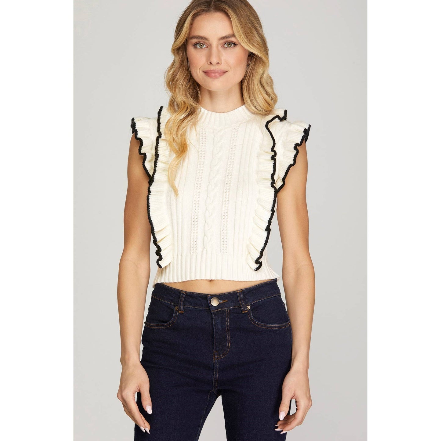 Faith Apparel - SLI4762 - RUFFLED SWEATER KNIT TOP: OFF WHITE / S $59