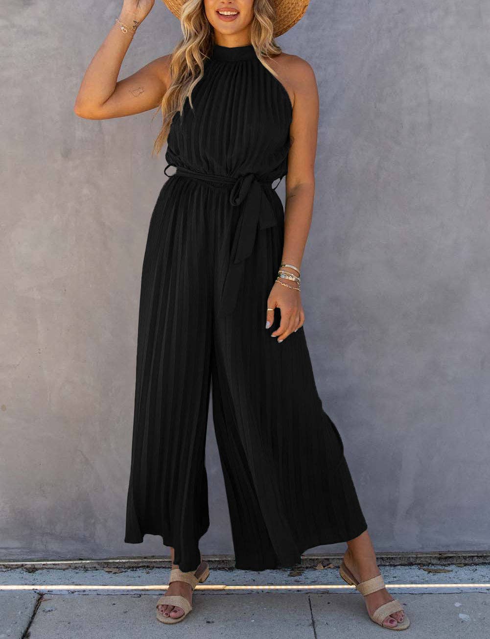 FULL TIME PURCHASE Large - Black Halter Neck Pleated Wide Leg Jumpsuit with Belt $78