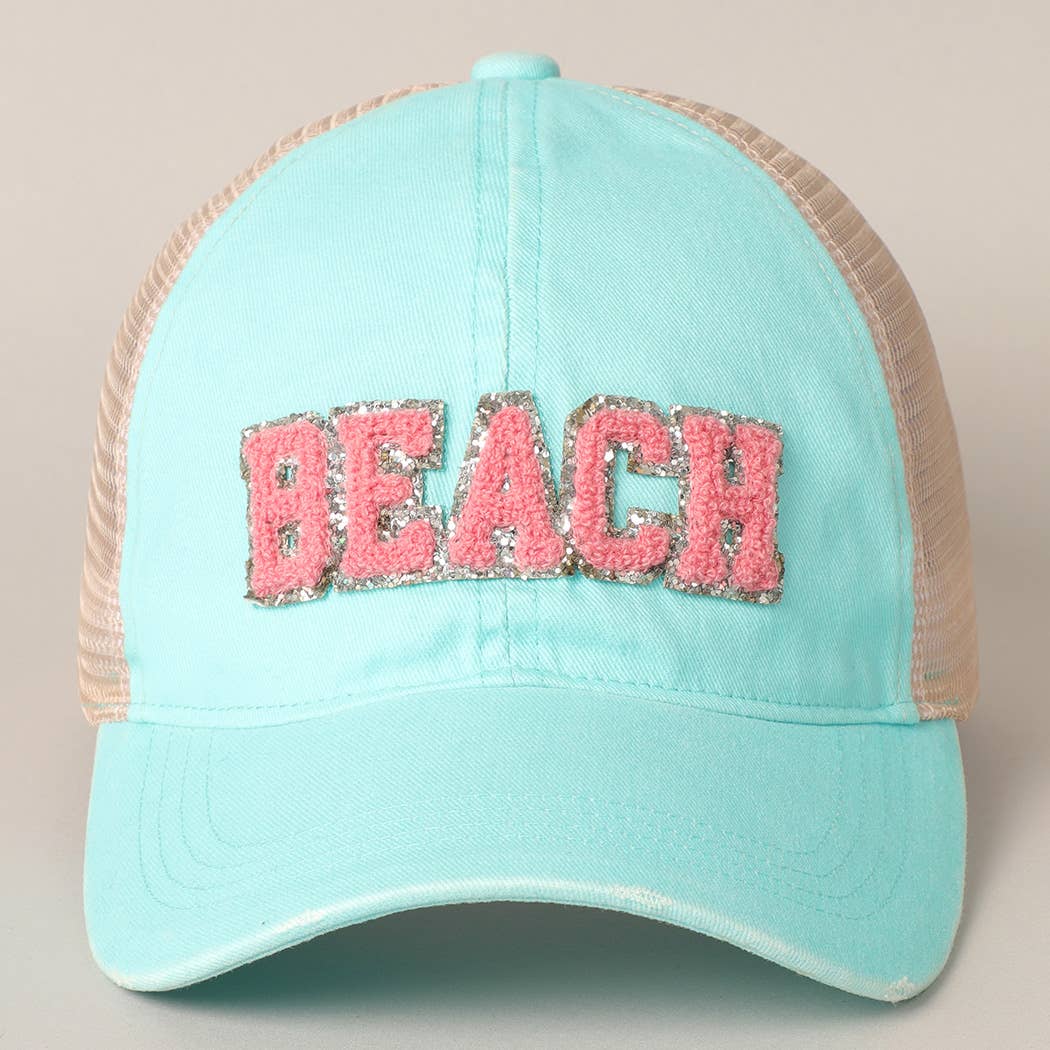 Fashion City - MINT $29BEACH Chenille Letter Patch Mesh Back Baseball Cap: One Size /