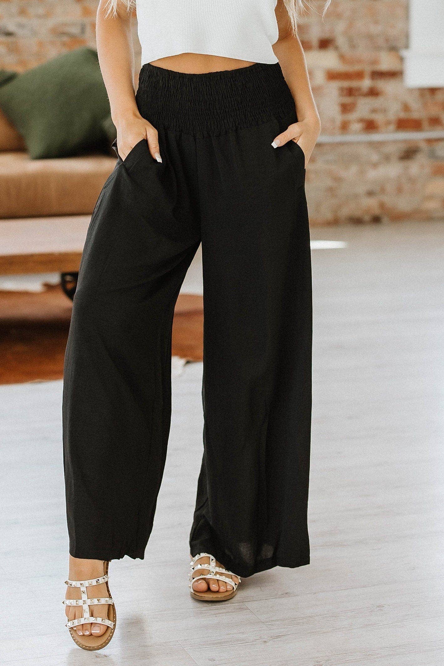 Hannah Smocked High Waisted Pants: L / Polyester / Black $48.00