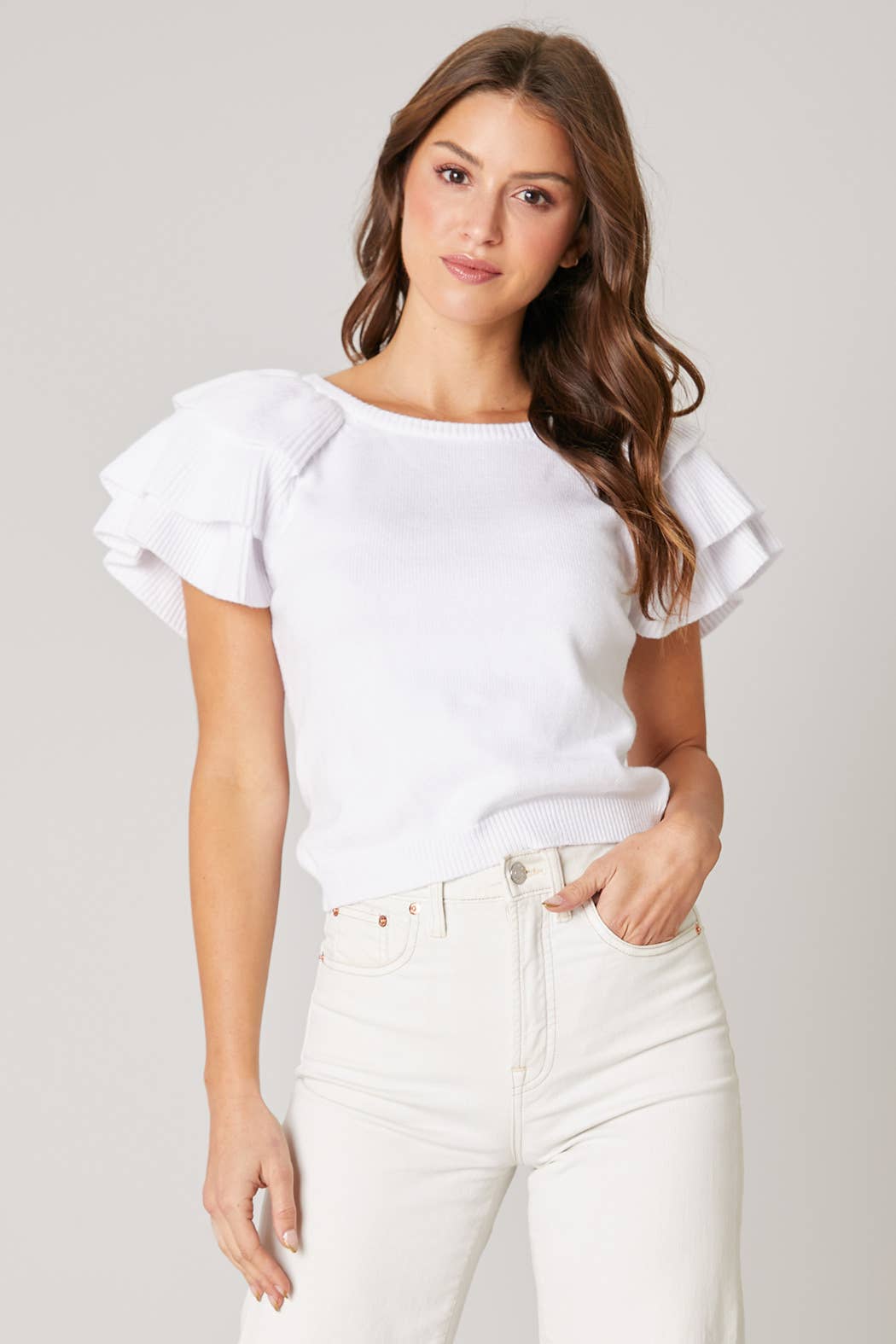 Sugarlips - Wellington Ruffle Shoulder Sweater Top: XS / White $59