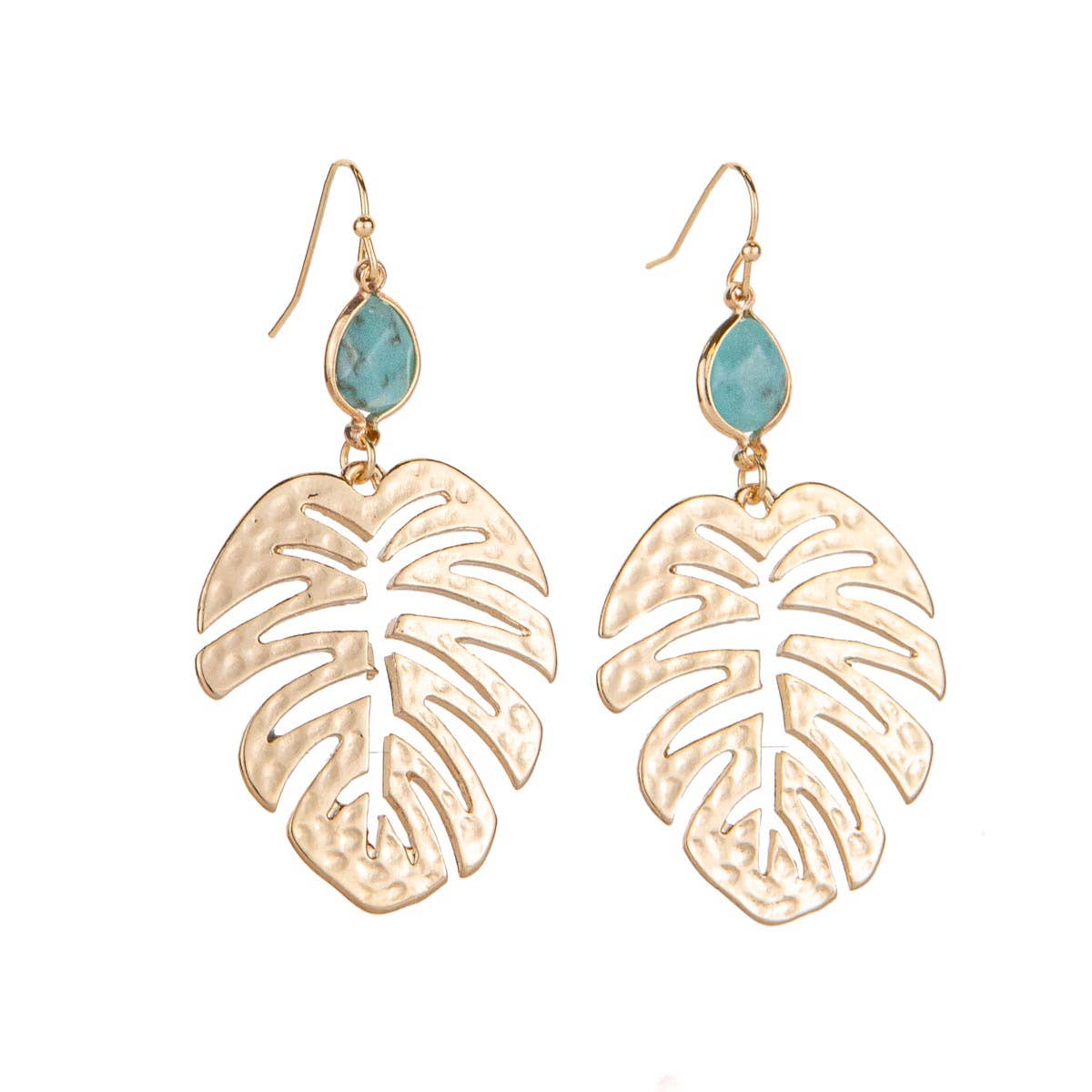 The Royal Standard - Lagoon Monstera Earrings   Gold/Aqua   2.5"