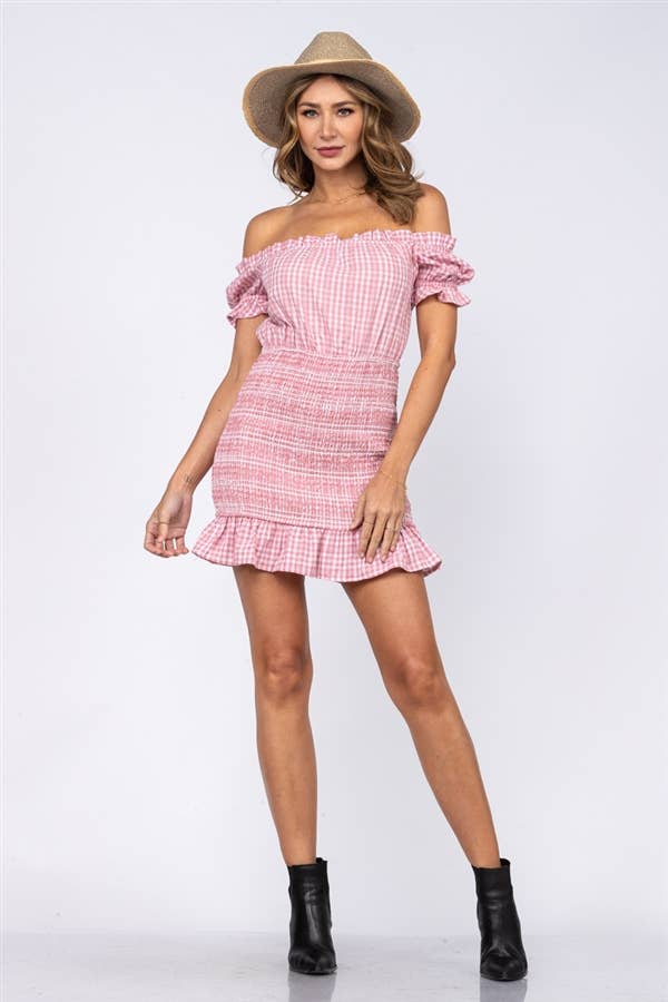 Stylish Wholesale - BLUSH WHITE GINGHAM PRINT SMOCKED RUFFLE MINI DRESS Large $33.00