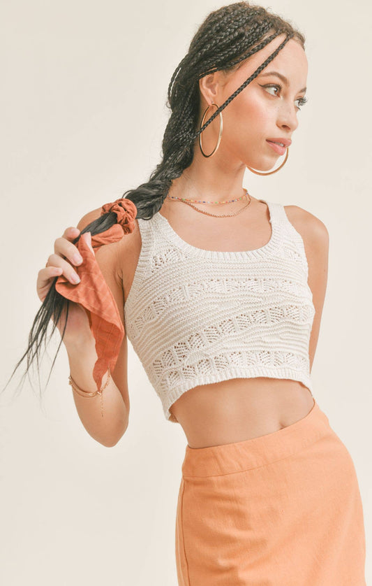 Sage The Label - Wine Time Textured Sweater Crop Top: OFF WHITE