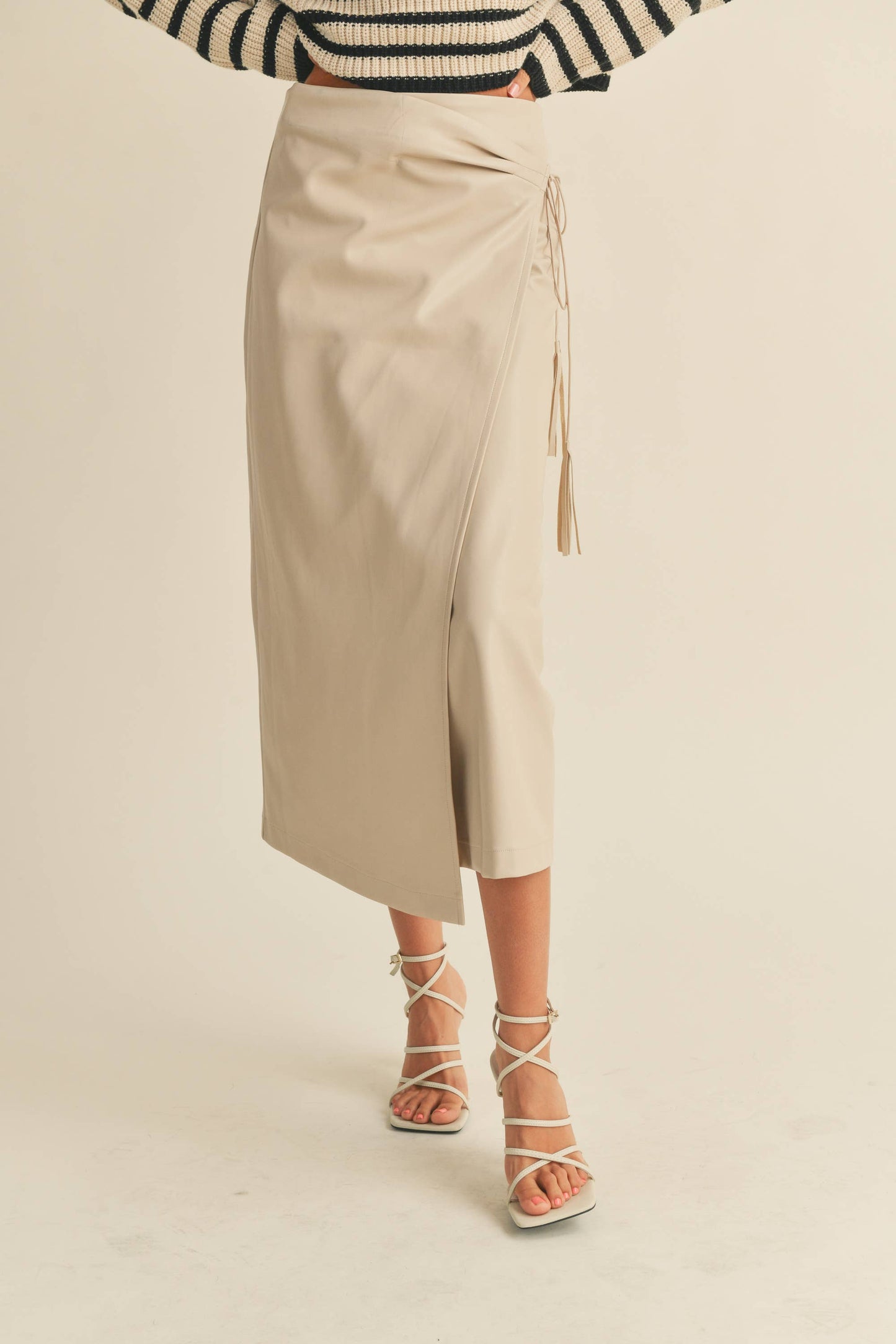 S1527   PLEATHER WRAP SKIRT: S / SAND $75.00