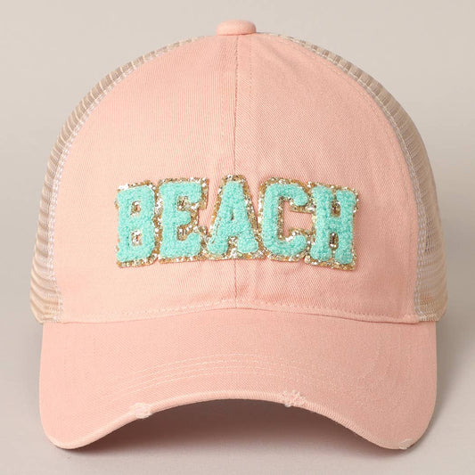 Fashion City - DUSTY PINK $29 BEACH Chenille Letter Patch Mesh Back Baseball Cap: One Size /