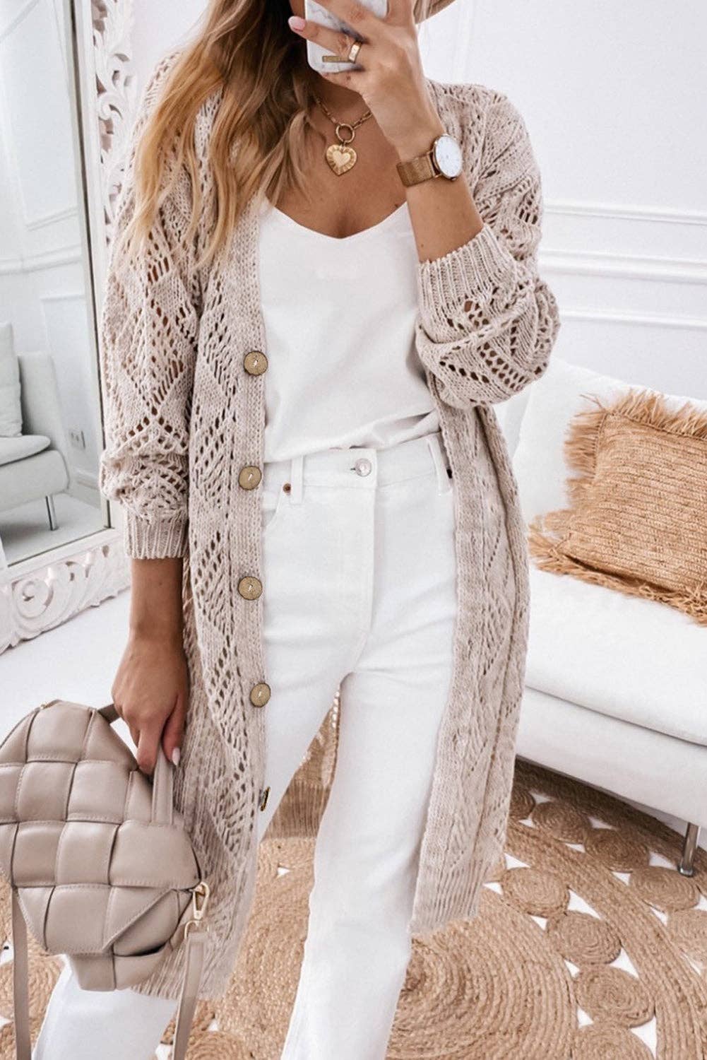 Hollow-out Openwork Knit Cardigan: L / Apricot $68.00