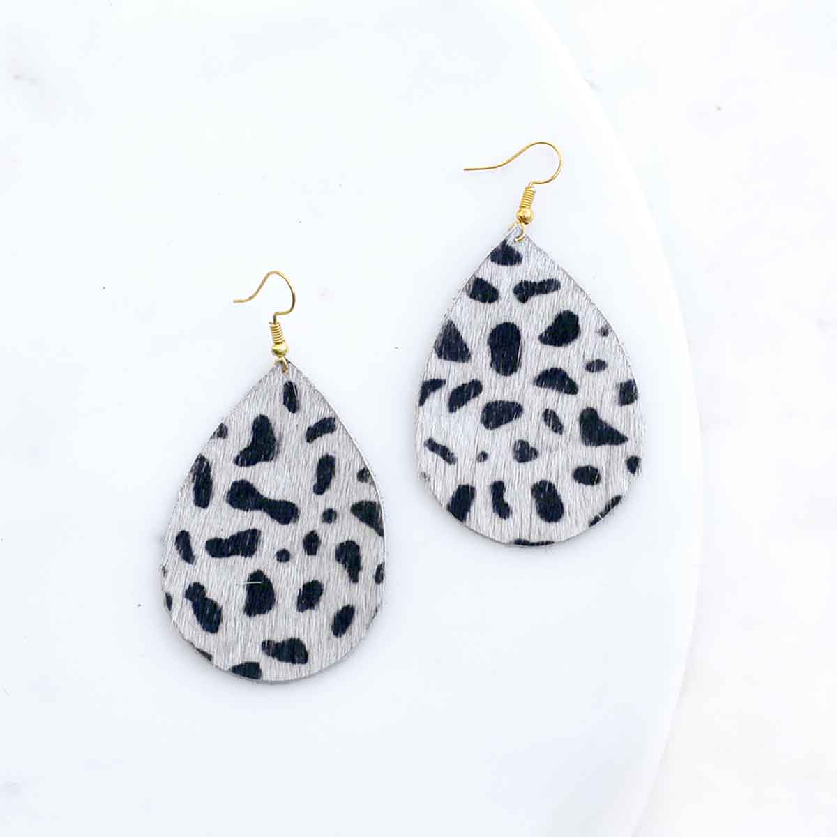 The Royal Standard - Cheetah Print Hide Leather Teardrop Earrings Tan/Black 2"