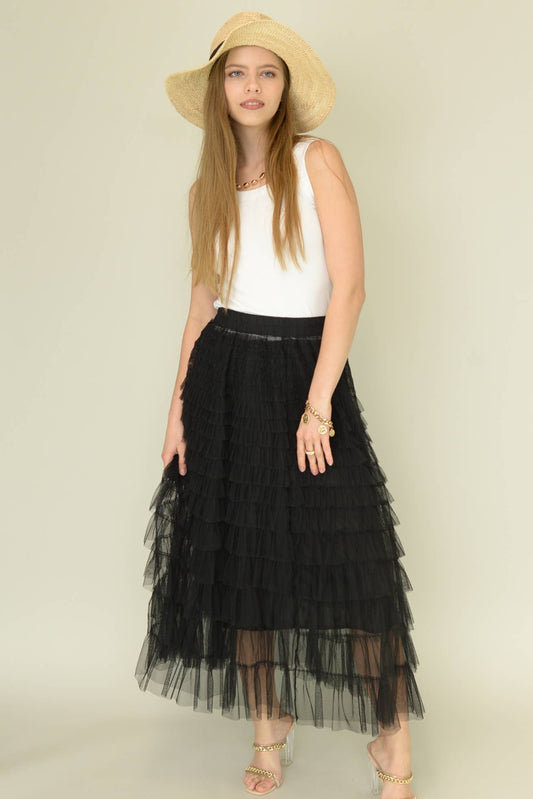 ESLEY - S2301CR54659- Blk Mesh Ruffle Tiered Woven Skirt $99.00