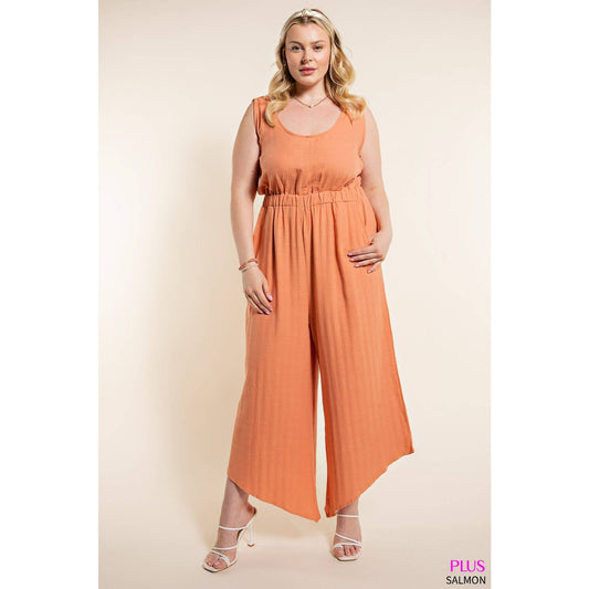 Kori - HERRINGBONE TEXTURE FABRIC BACK SELF TIED JUMPSUIT