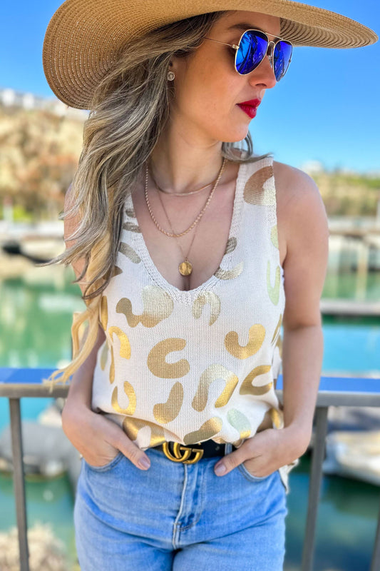 AMOLI - Cream Gold Leopard Printed Sleeveless V Neck Knitted Top