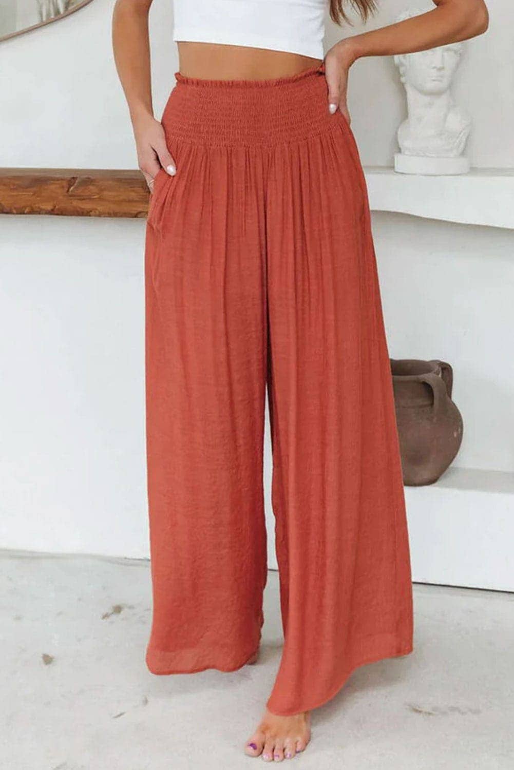 Hannah Smocked High Waisted Pants: XL / Polyester / Red