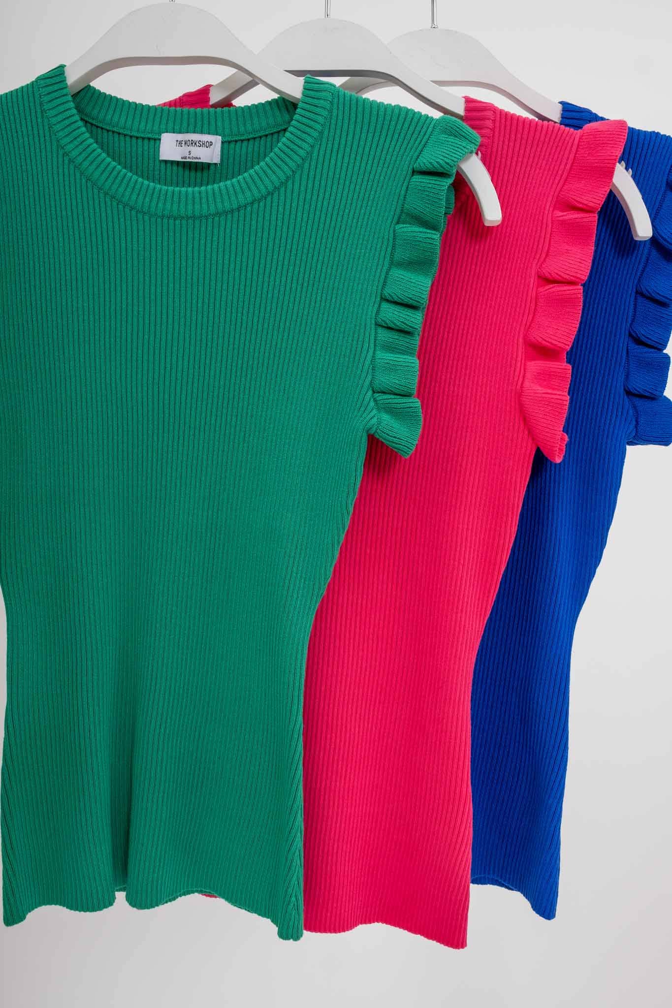 The Workshop Studio - RUFFLE SLEEVELESS SWEATER KNIT TOP: GREEN