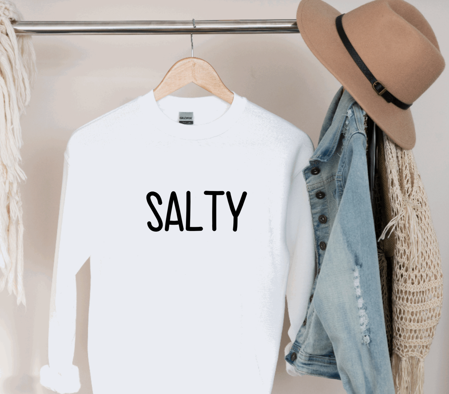 Hunter Kouture - Salty White Crew Sweatshirt, Beach Vacation Salty Sweater: Large $64