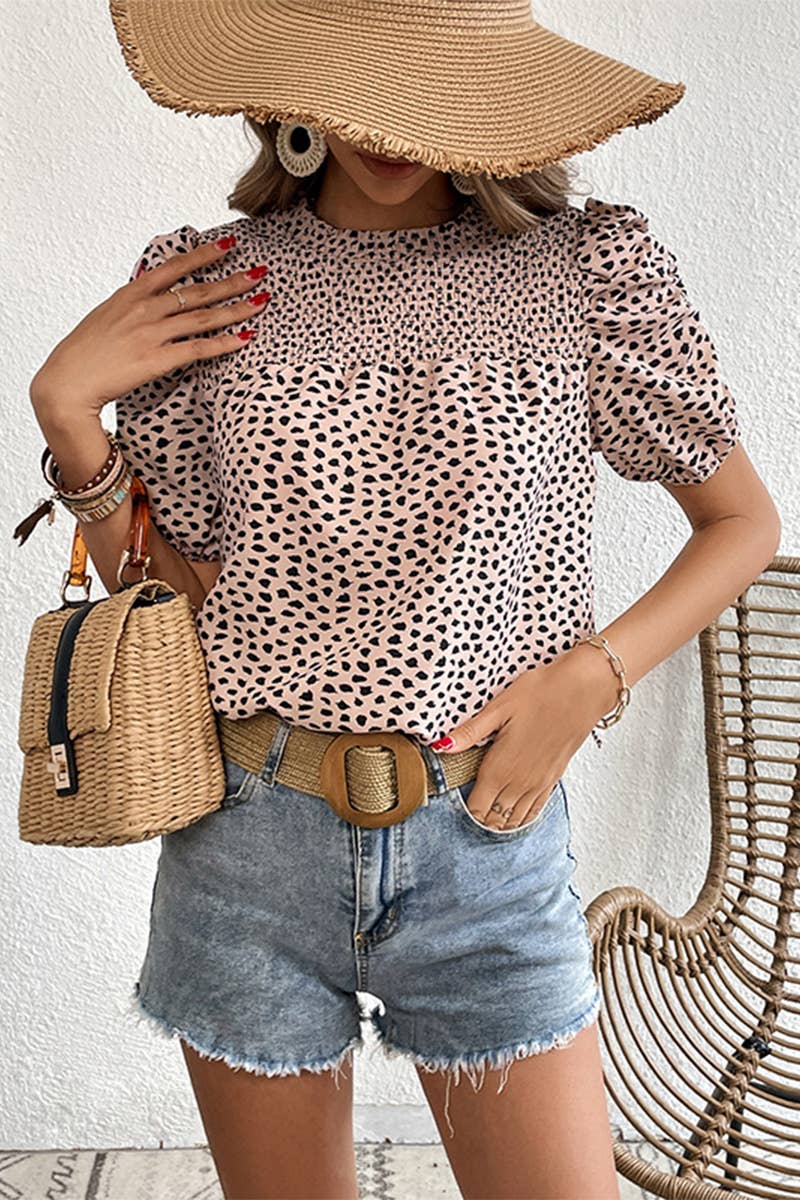 LEOPARD PRINTING SHORT PUFF SLEEVE WOMEN T SHIRT_CWTTS0575: KHAKI / (L) 1 $33.00