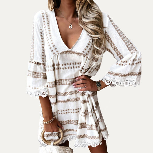 $45 The Moment Collection - Perfect Boho-Style Printed V-Neck Crochet Lace Mini Dress: COFFEE / XL