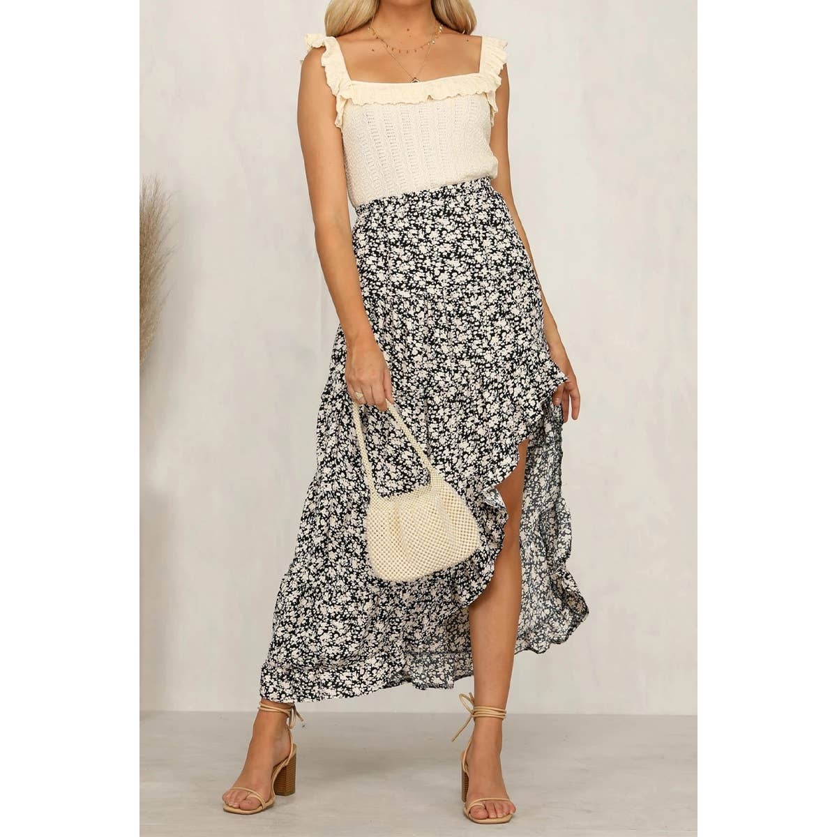 Supreme Fashion - Large $48.00 Polka Dot Ruffled Maxi Skirts: BLACK