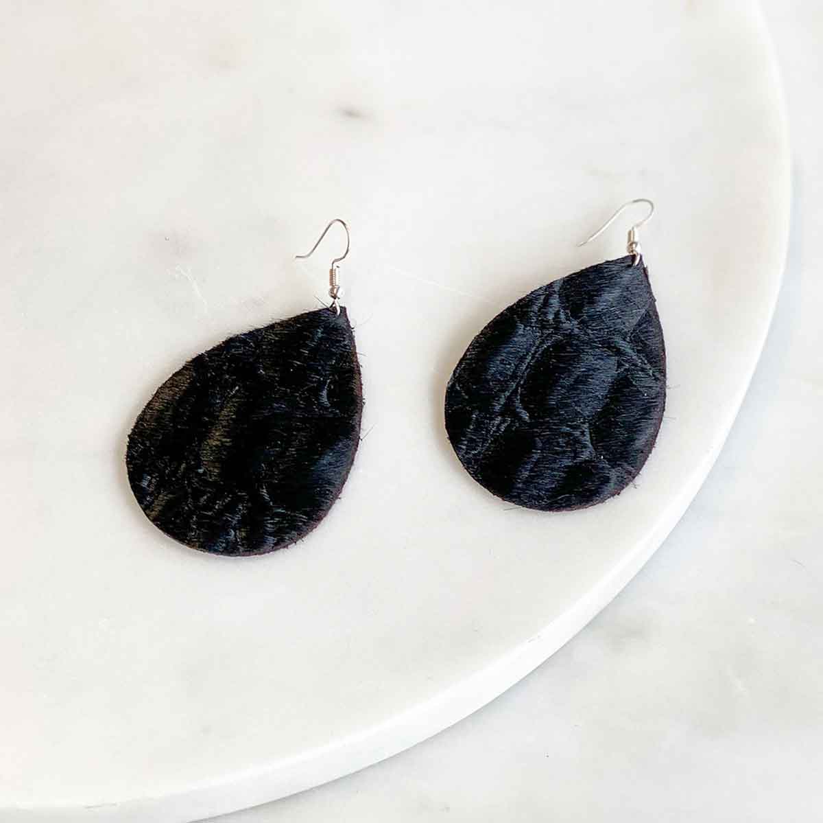 The Royal Standard - Embossed Hide Leather Teardrop Earrings   Black   2"