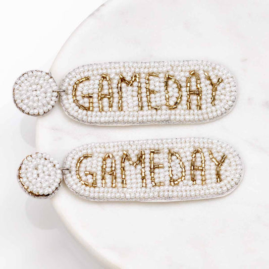 The Royal Standard - Gameday Beaded Earrings   White/Gold   3"