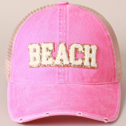 Fashion City - BEACH Chenille Letter Patch Mesh Back Baseball Cap: One Size / HOT PINK $29