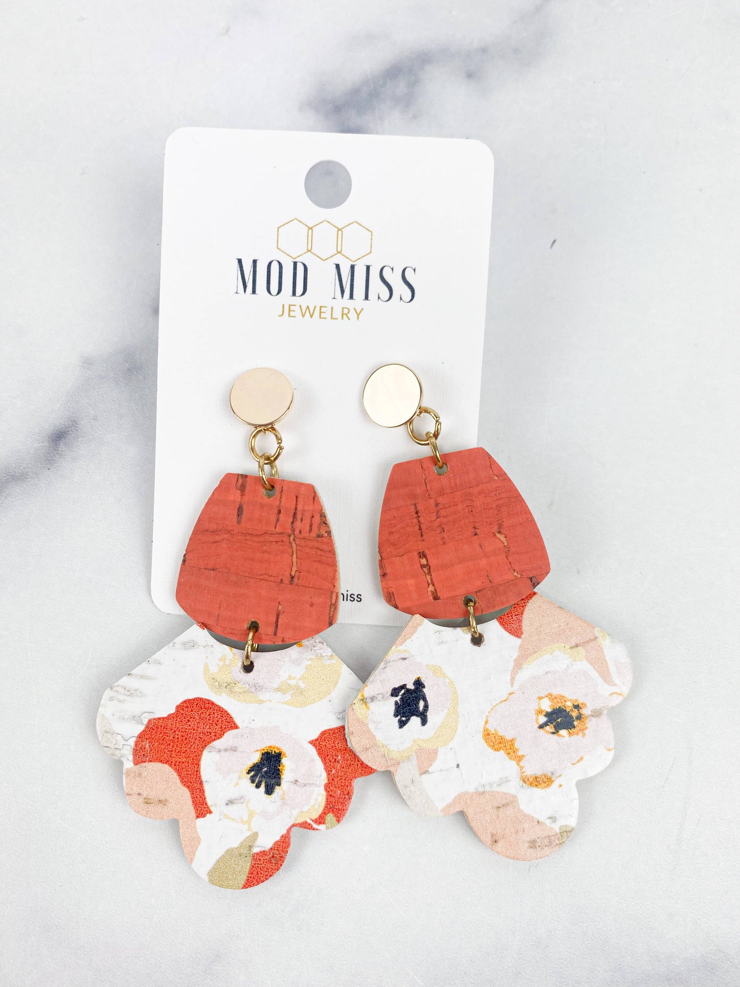 Mod Miss Jewelry - Cork Scalloped Stud Earrings "Burnt Orange + Golden Flowers"